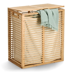 Stor firkantet vasketøjskurv i bambus med kanvas pose.