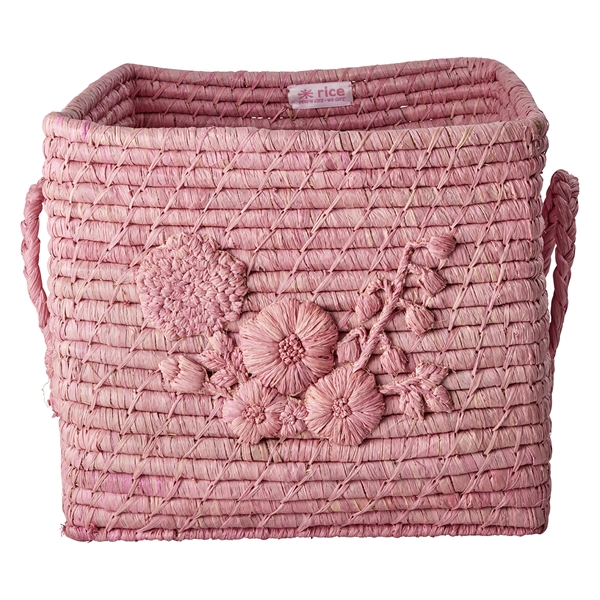 RICE Raffia kurv med læderhank - PINK EMBROIDERY